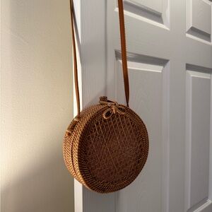 Round Woven Crossbody Bag - Brown